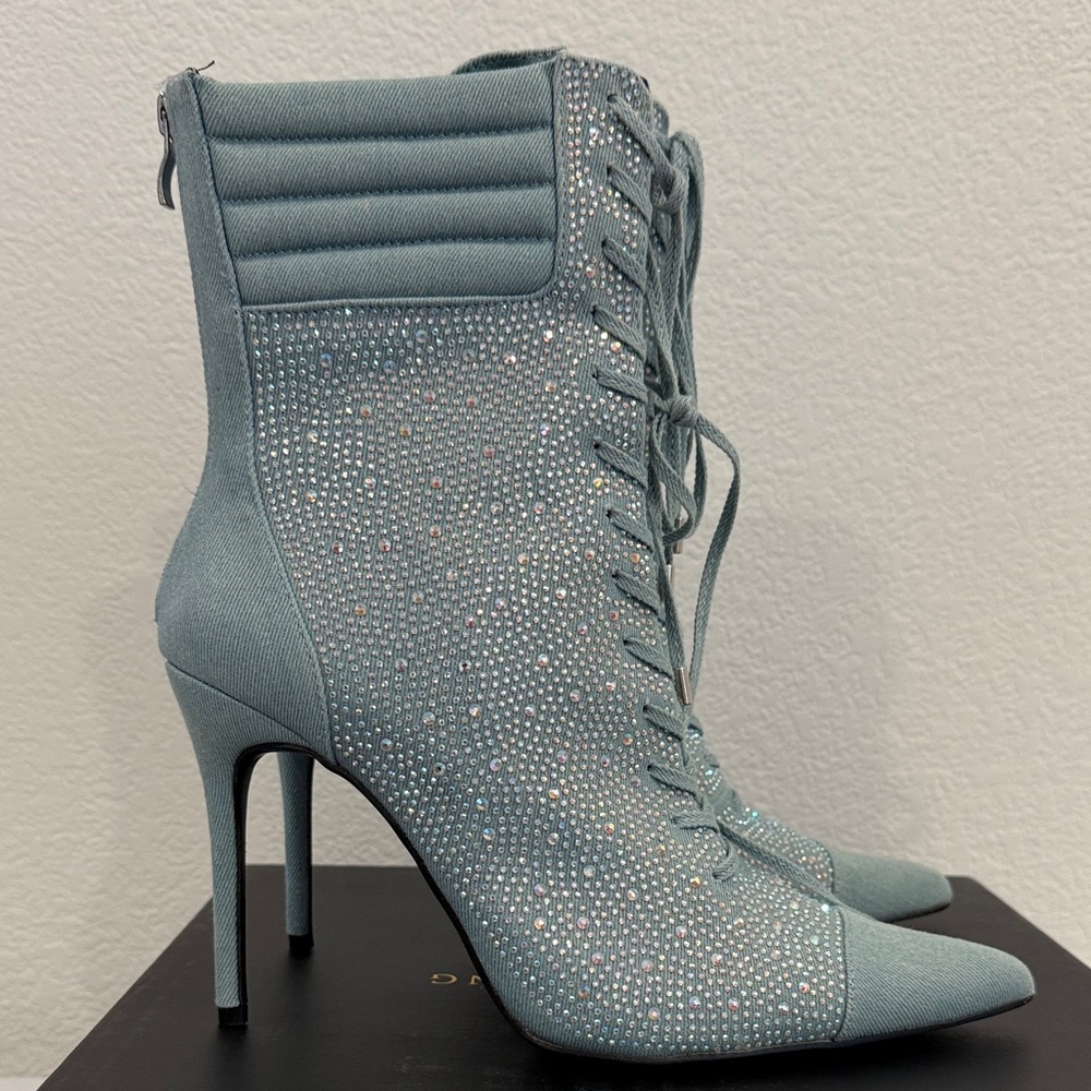 Elegant Lace-Up Rhinestone Heeled Boots